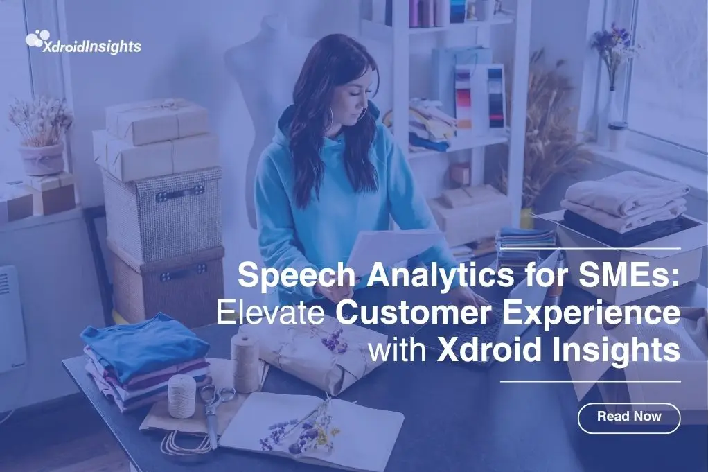 Promotional banner showing a small business owner using a laptop in a retail workspace, highlighting AI-powered speech analytics for SMEs and customer experience improvement with Xdroid Insights.