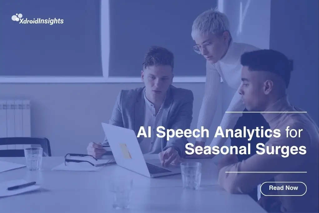 Promotional banner showing a team collaborating around a laptop, highlighting AI-powered speech analytics for managing seasonal increases in customer interactions with Xdroid Insights.